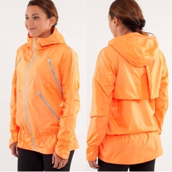 Lululemon Make It Rain Orange Jacket Rain Coat Running Windbreaker Hood Sz 6 - Picture 1 of 16